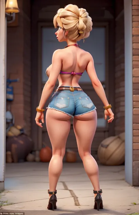 A very voluptuos Miss Krabappel from The Simpsons huge tits, small waist, huge hips, huge ass, dressing Daisy Duke style shorts to mid-glute, high heels, full-body back shoot, 