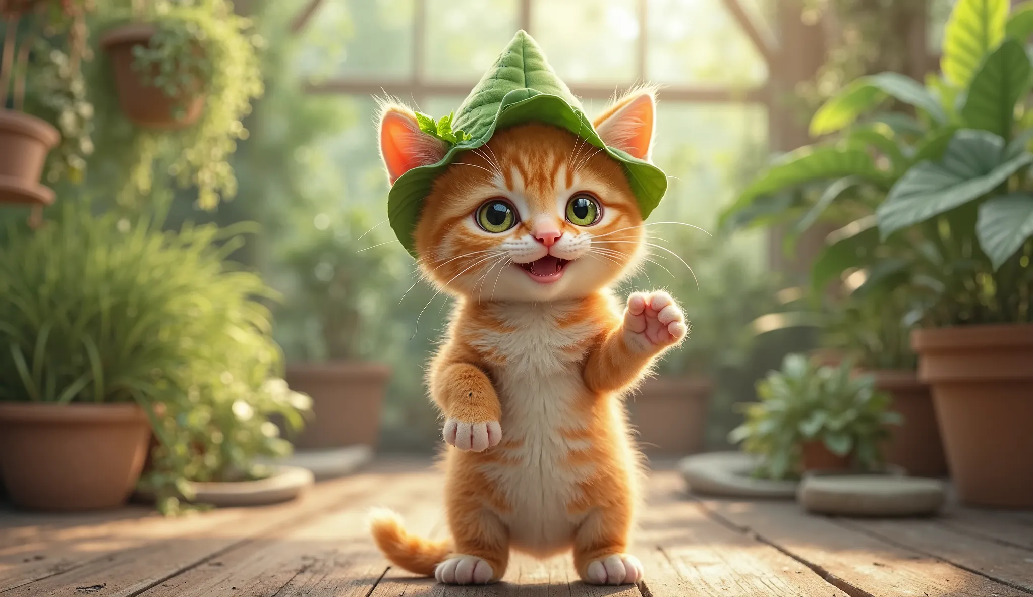 "A small, chubby, and mischievous orange kitten with tiny white patches on its chest and paws, big round bright green eyes, and a short slightly curled tail, standing in a lush green house. The kitten looks excited, standing on its hind legs, waving its ti...