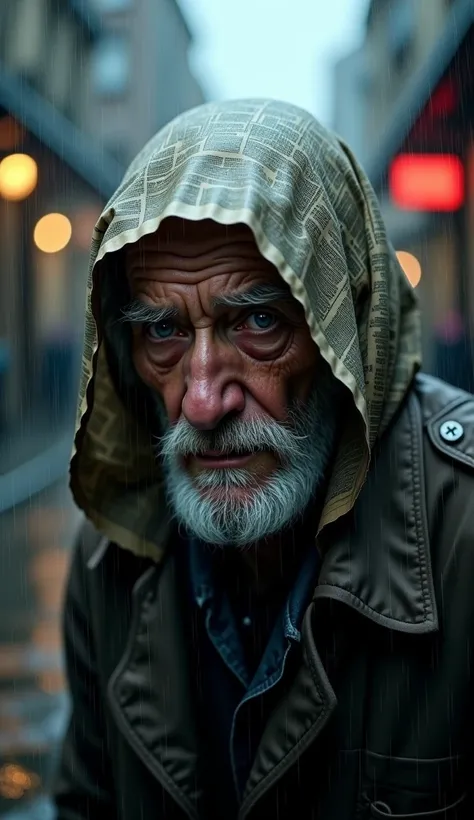 Two eyes of an old man are covered with the newspaper on his head while it rains on the blurry street. 