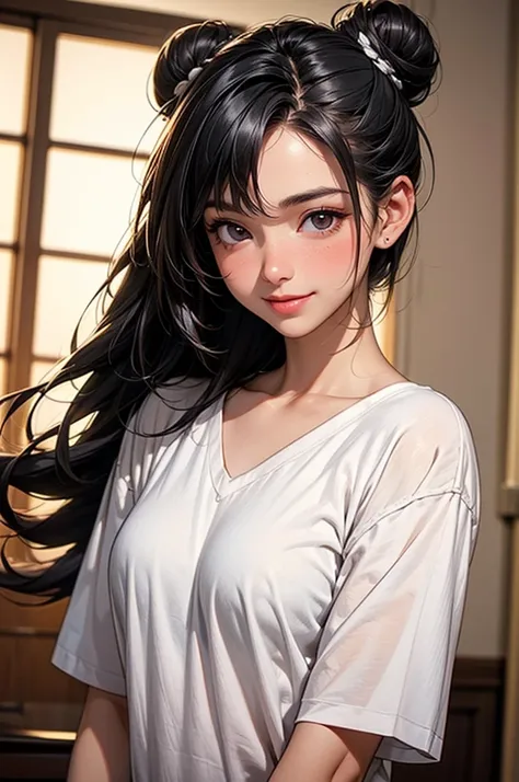 Masterpiece, ((1 girl, Black Hair, Dark Skins, Black Skin, Tan Skins, Brown Skins)), ((Best Quality)), ((Close up)), (Ultra-detailed), Highly detailed, ((Medium Breasts)), Perfect Lighting, Perfect background, ((Bun Long Hair, Messy Hair, Black Hair, Black...