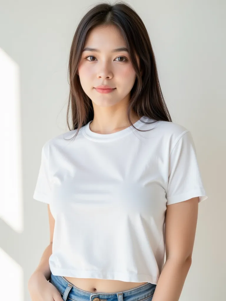 "A beautiful European woman poses elegantly, wearing a plain white T-shirt. The frame captures her upper body from the waist up. She stands with a confident and relaxed posture, her expression soft yet engaging. The background is minimalistic and well-lit,...