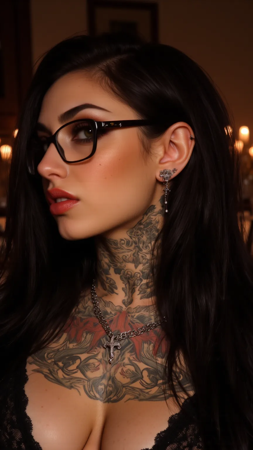 ((a woman with tattoos on her neck and face, Beautiful face of a cyberpunk girl, great digital art with details,  she wears rectangular black rimmed glasses you can see the reflection in the glasses of the glasses :1.5)),laying in a couch, wearing a mini b...