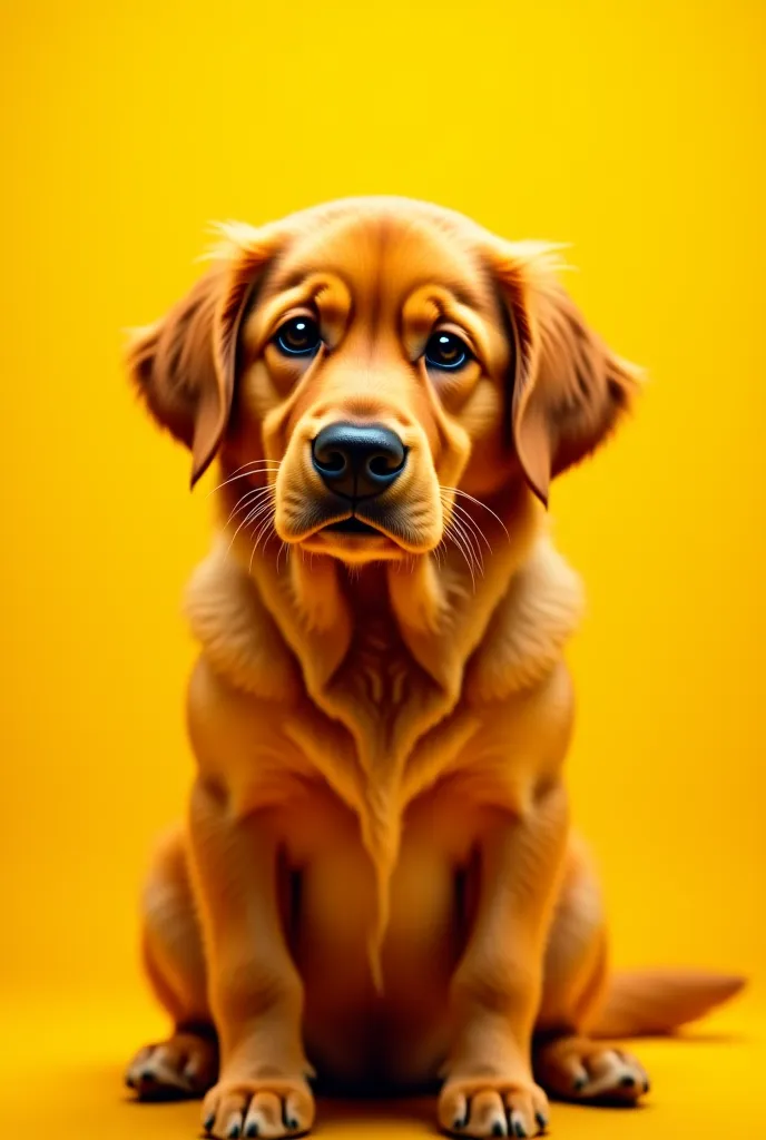 A dog. Yellow background colour. Dog pose is sad.