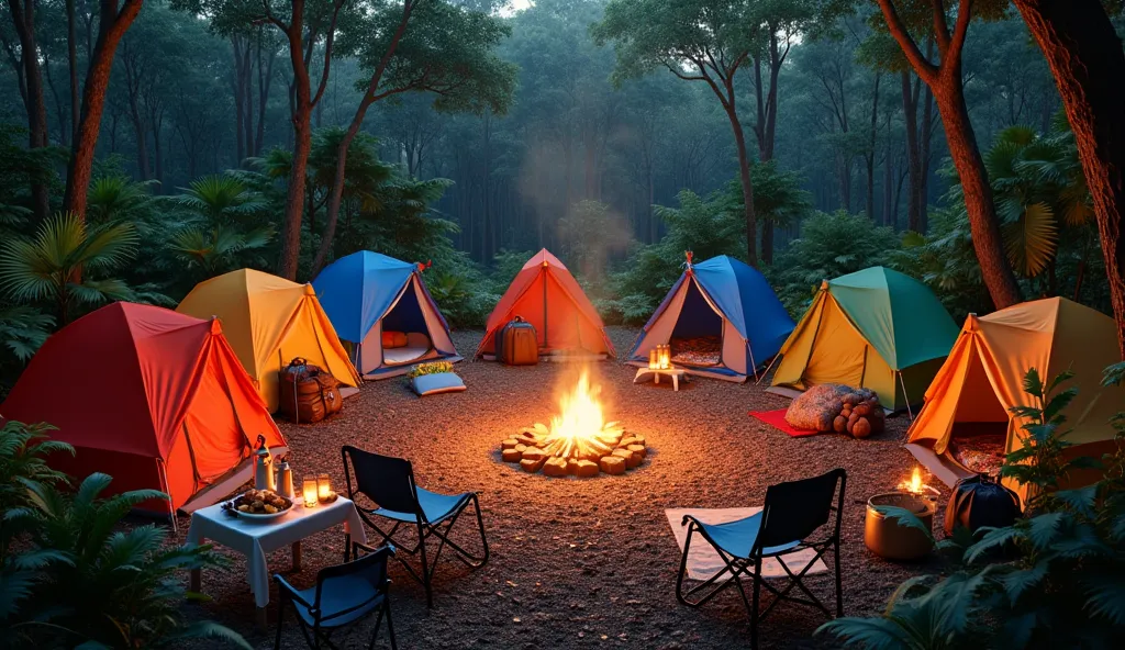 Create a vibrant and detailed scene of a camp filled with colorful tents set up in a clearing surrounded by Brazilian forest. The tents are of different sizes and colors, some with geometric patterns and others smooth, creating a diverse and cheerful look....