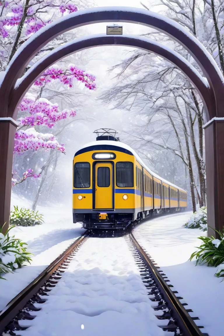 I want a snowy day It's snowing there's a train going under a Japanese torli arch it's snowing a lot and there are orchid flowers growing in the snow