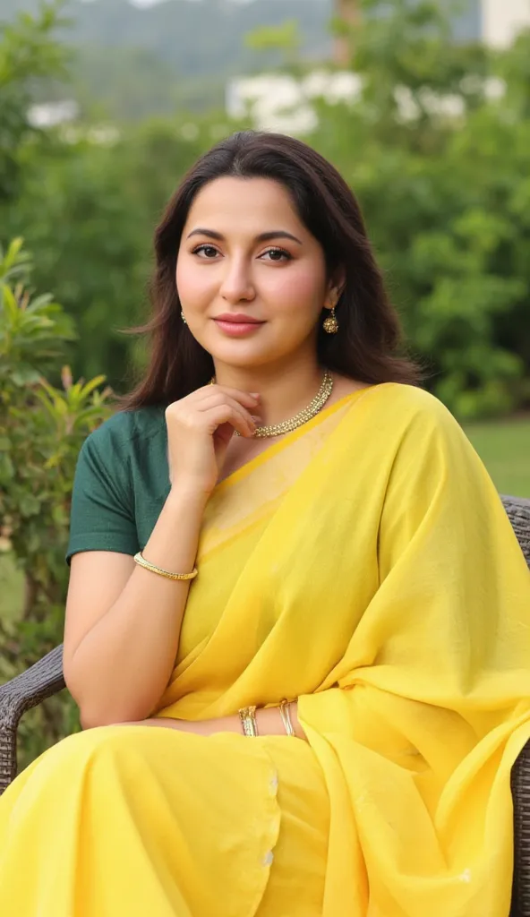 A malayali house wife, in yellow satin saree and dark green cotton blouse , ethnic saree fashion photo shoot, wearing beautiful earring and gold chain in neck, sitting pose in chair, looking at camera, garden as back ground , morning lighting.