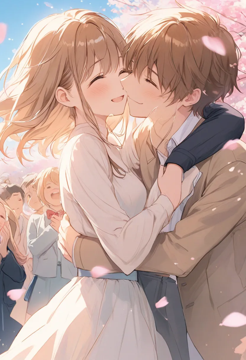 A delicate anime-style illustration in soft pastel colors with sketch-like lines and watercolor textures of a high school couple embracing each other under a bright blue sky and cherry blossoms gently falling all around. The girl with long wavy brown hair ...