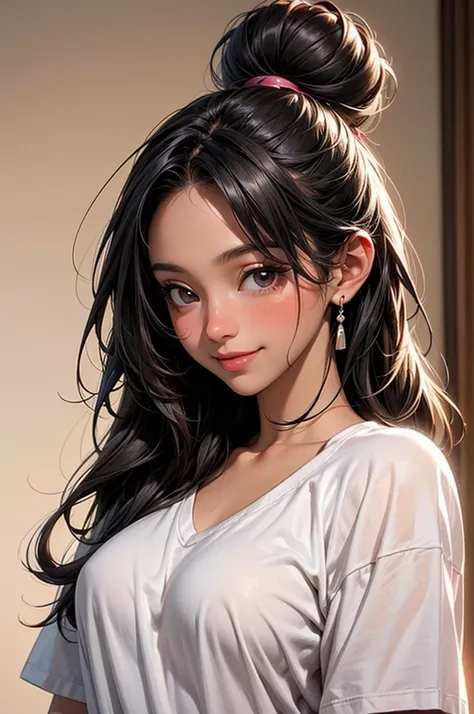 Masterpiece, ((1 girl, Black Hair)), (((Dark Skins, Black Skin, Tan Skins, Brown Skins))), ((Best Quality)), ((Close up)), (Ultra-detailed), Highly detailed, ((Medium Breasts)), Perfect Lighting, Perfect background, ((a Bun Long Hair, Messy Hair, Black Hai...