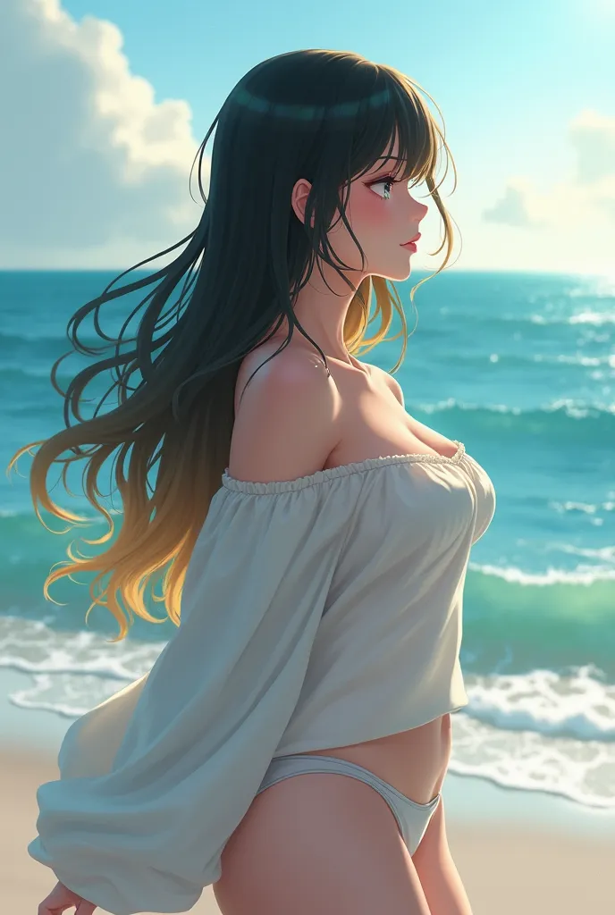 Anime girl 18 years old in black and yellow colors near the sea without clothes with second breast size hentai-long hair facing the sea