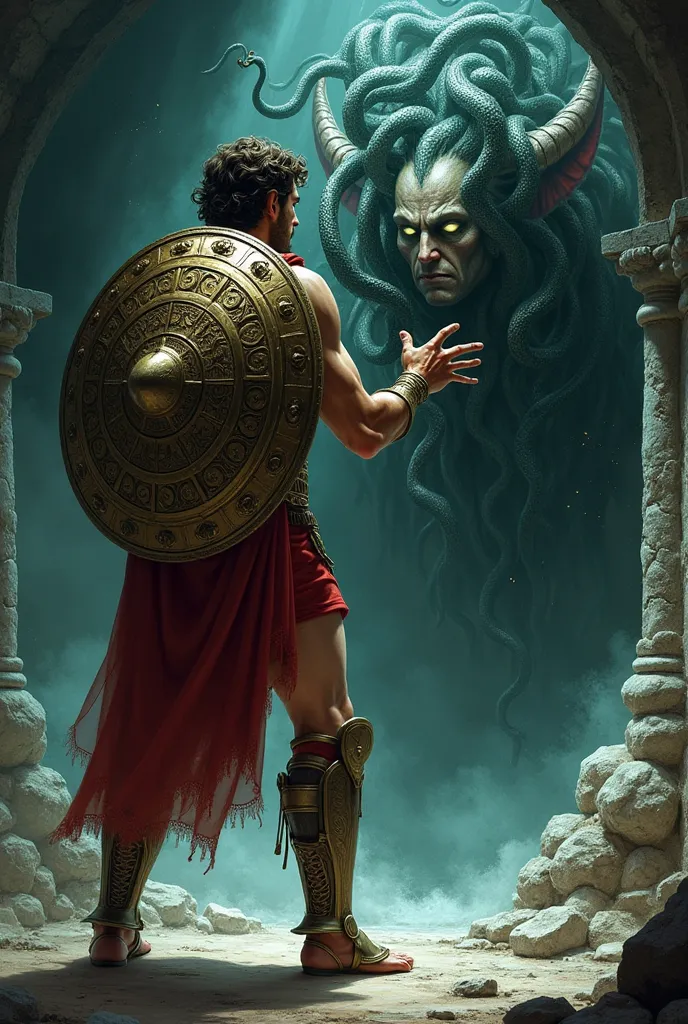  illustration: Perseus, with the shield up, to observe Medusa through her reflection.  The tension is palpable . Very easy drawing to recreate 