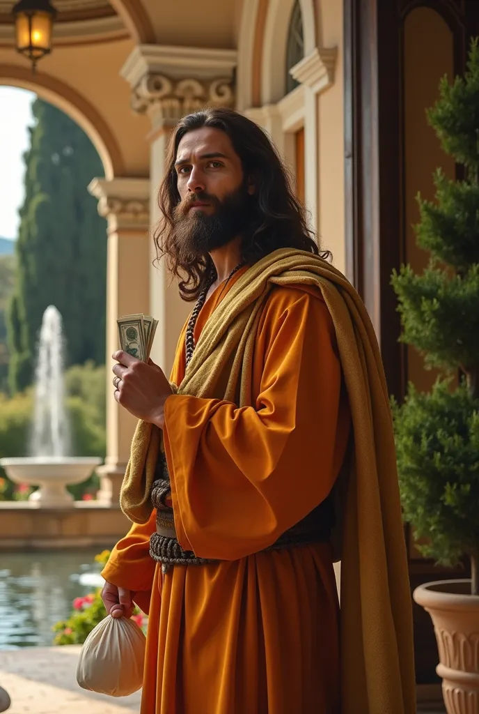 "Image of Jesus Christ with long brown hair and a thick beard, holding a bag of money in one hand and money bills in the other hand, trees standing outside the door of an Italian Renaissance-style house, with large columns and an ornate entrance. The backg...