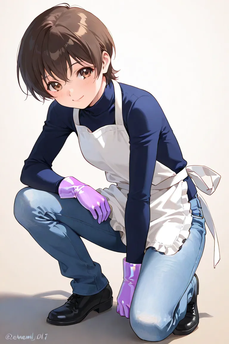 11-years-old girl, elementally school student,  ((Wear fitted gloves)), ((light purple latex gloves)), ( crouching ), ( adjustable gloves  ), (apron), (Wearing denim), (  Long Sleeve  ), smile, brown eyes