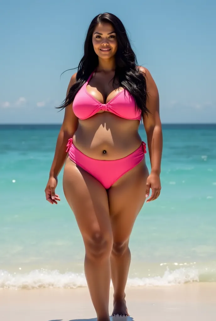 Grown, thicc, chunky, woman, fat huge big chunky ass, big massive breasts, long black hair beautiful face, too thight swimsuit, weight gain, high heels, fat big thighs, wide chunky hips, mommy, hourglass figure 