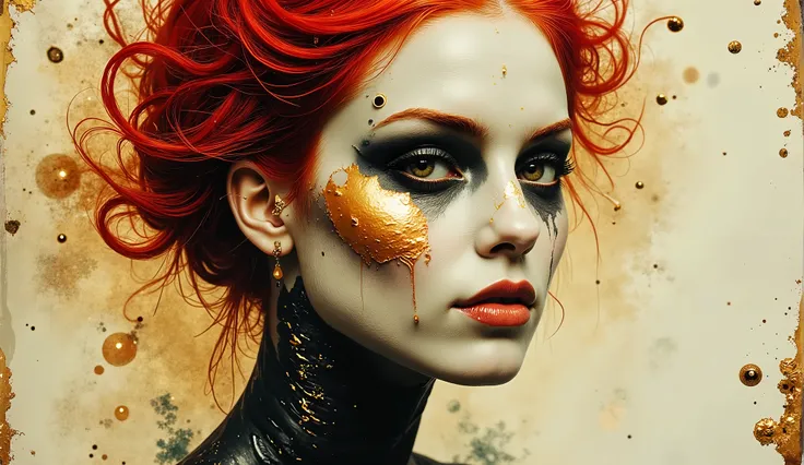 a watercolor of a woman with Burton-inspired proportions and Dali's surrealism by James Jean, charcoal-smudged features with elongated neck, red hair floating as if underwater, piercing golden eyes with dripping tears, golden misty background with floatin...
