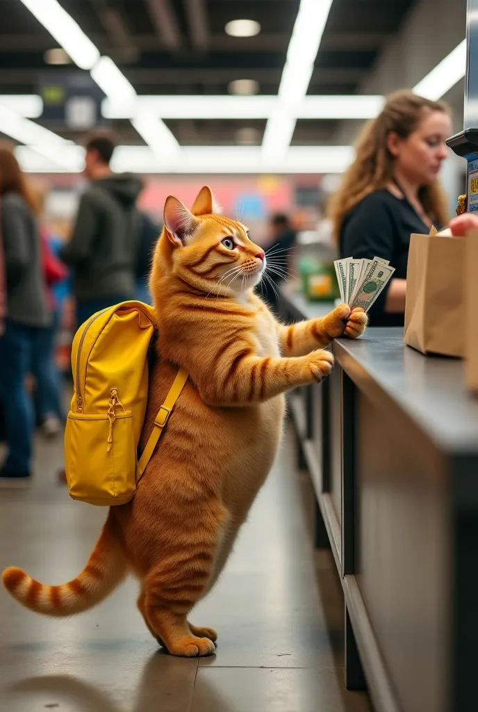 A hyper-realistic representation of a chubby orange tabby cat standing on its hind legs. holding a yellow backpack on its back. The cat is holding banknotes in its hand and extending them to a woman at the supermarket checkout. a cashier, a cashier showing...