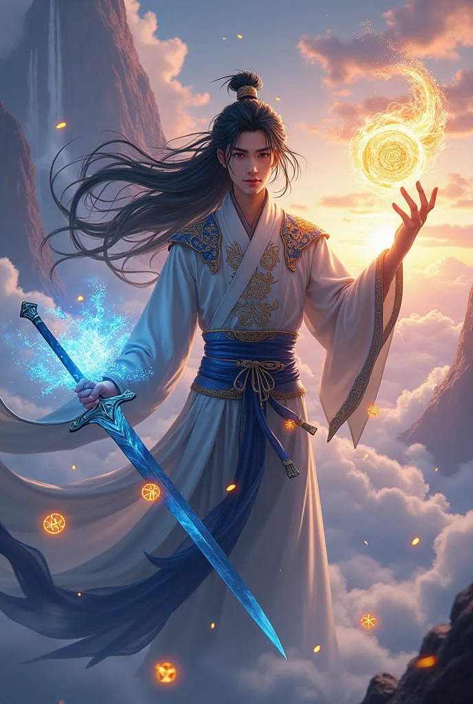 A powerful anime-style cultivator, a young male warrior with long flowing black hair, sharp golden eyes radiating wisdom and strength. He wears an intricately designed ancient Taoist robe with elegant golden embroidery, flowing gracefully with the wind. Hi...