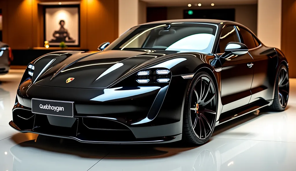 "A luxurious, camera (Porsche taycan) with a bold and modified design, featuring a (black) shiny polished exterior. In the (front right side) view, the car modified front is highlighted, showcasing a custom (front right side) with an aggressive design. The...