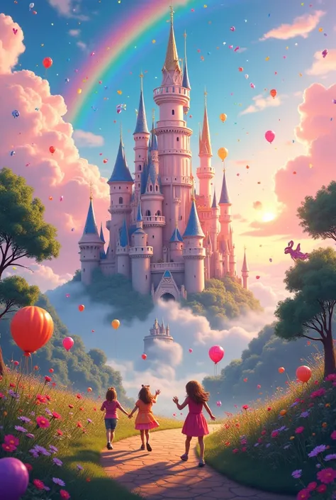 A magical and vibrant world where ren with wide smiles embark on a fun adventure. The sky is filled with colorful, twinkling stars, and a rainbow extends over the horizon. The characters are dressed in fun clothes, with magical creatures like unicorns and ...