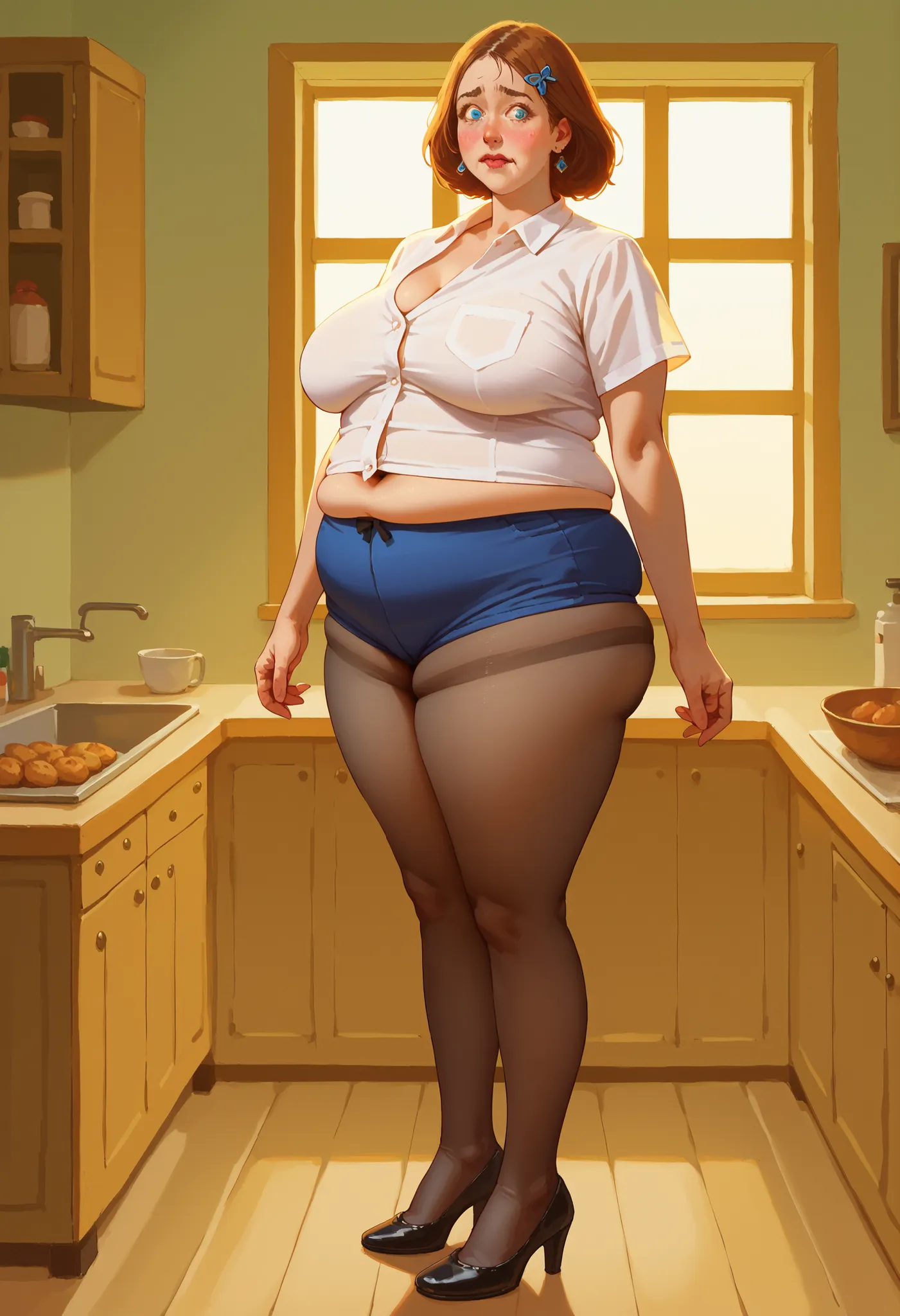 score_9, score_8_up, score_7_up, source_anime,1girl, from the side, (covered belly:1.2) (fat and nervous) standing covering herself, , , skindentation , lize1st, , ,), dark sky, inside a farmhouse kitchen,, volumetric and specular lighting, ((large sagging...