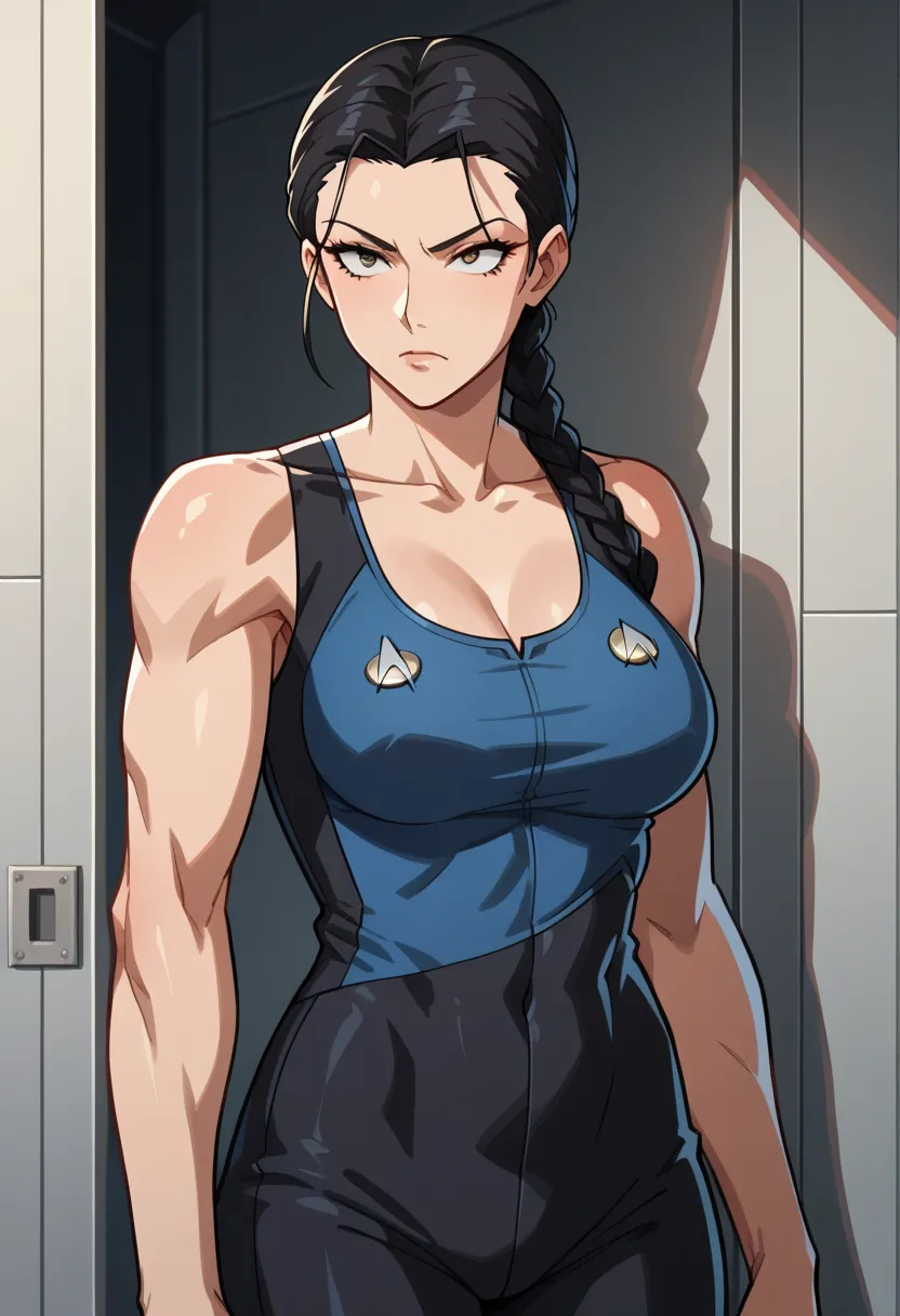 strong legs, strong torso, fit muscular body, braided hair, strong fit female, white skin, anime stylized with black hair, score_9, score_8_up, score_7_up, score_6_up,anime screencap, rating safe, 1female, mature,serious,solo, upper body,corridor,scifi,met...