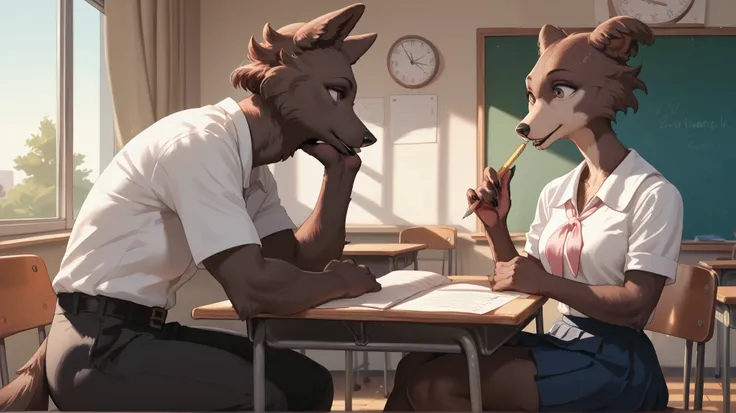 eastnik_fluffy, Detailed, Classroom, Anthropomorphic female magpie, Anthropomorphic male Wolf, brown fur, thin, skirt, shirt, pijak, pants, 2 characters boy and girl