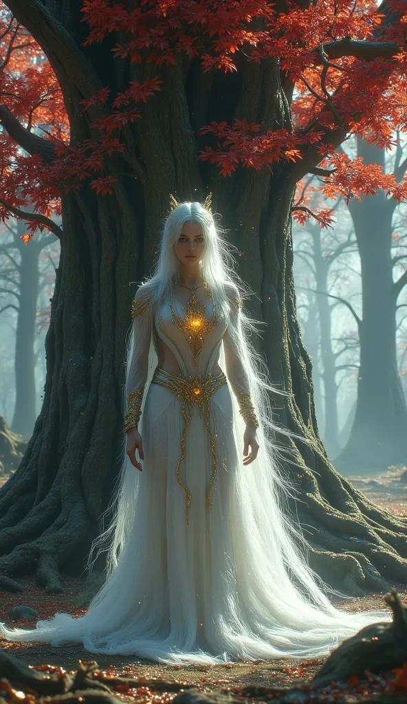 Full-body shot, an elf man in fantasy style. His white, extremely long hair, reaching the floor, flows in the wind. He is dressed in an elegant white and gold outfit with patterns resembling leaves and stars. His skin glows with a soft light, and his eyes ...