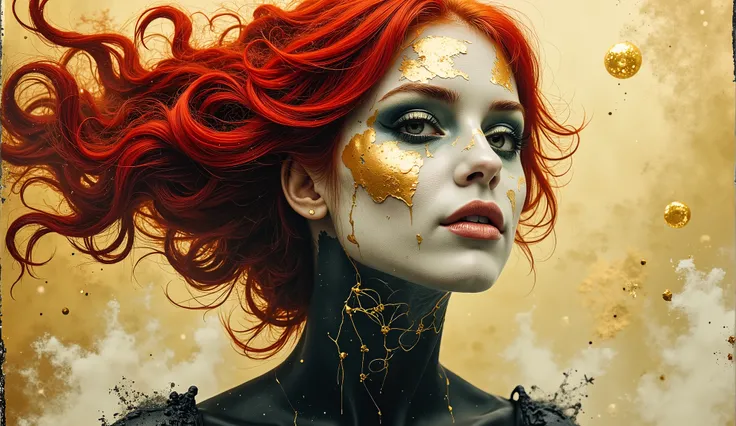 a watercolor of a woman with Burton-inspired proportions and Dali's surrealism by James Jean, charcoal-smudged features with elongated neck, red hair floating as if underwater, piercing golden eyes with dripping tears, golden misty background with floatin...