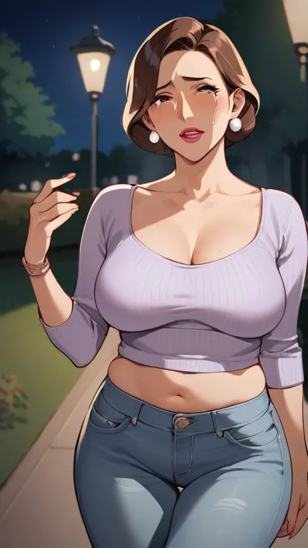 score_9, score_8_up, score_7_up, score_6_up,  source_anime，nsfw，uncorrected，Low body，nsfw,in beautiful image quality,brown hair,  black eyes ,lipstick, lies on her back on the ground,pregnancy,((mature woman:1.2)),((fear)),tears,jeans, white tight sweater ...