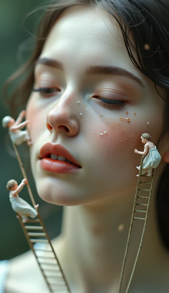 Picture of a beautiful girl's face and Tiny figures riding a ladder putting cream on her face