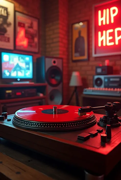 A red record on a vinyl player in a vintage 8oger hip hop room without people with an artistic atmosphere 