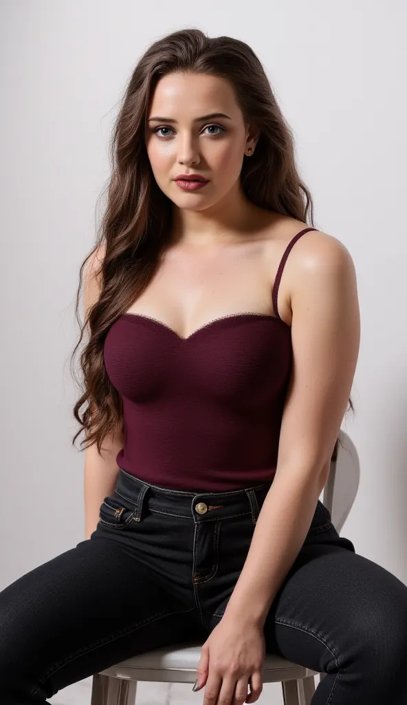 cinematic close up photo of an actress, big breasts, face closeup front, studio room, brightly lit, sitting, legs wide open, thin maroon sleeveless tight t shirt with spaghetti strap, denim jeans black, 