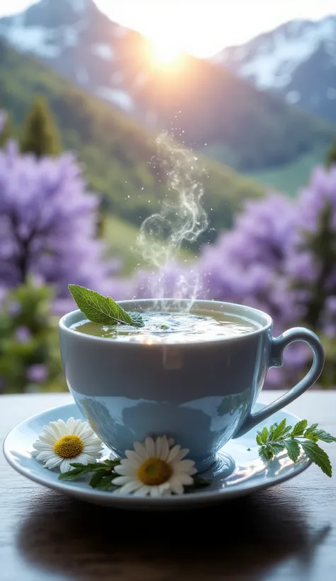 A cup of hot tea in a warm and relaxing environment. The tea has a soft, slightly bluish or greenish color, transmits calm and serenity. Fresh herbal leaves such as chamomile, lemon balm and lavender adorn the cup and saucer. The background is blurred , ...