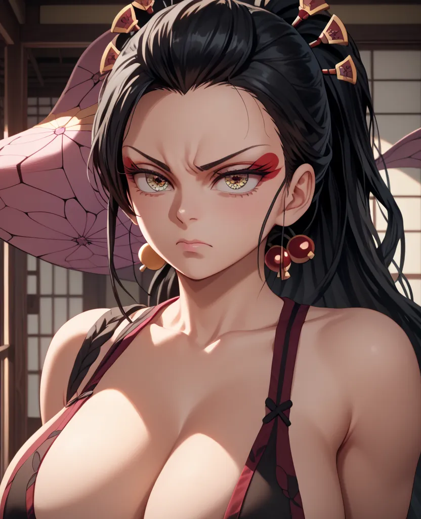 Daki,Gehisa , Japanese room, annoyed, black hair,huge breasts,good quality, good design ,Good detail,(Masterpiece),work of art, good resolution, GOOD LIGHTING ,detailed face,perfect and detailed background,good anatomy,HD,4k,8K