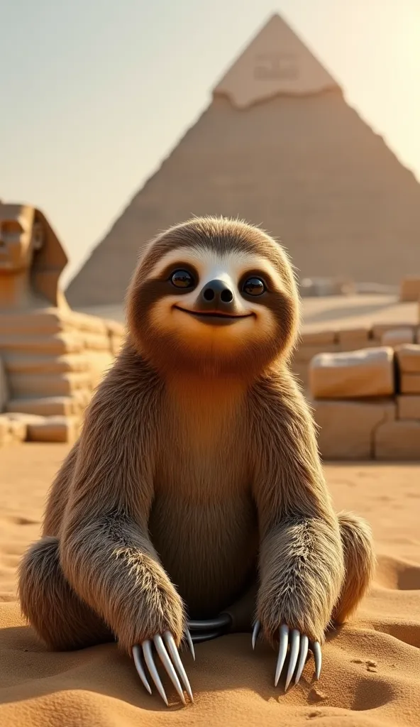 "A hyper-realistic image of an adorable sloth sitting on the sandy ground in front of the Great Pyramid of Giza and the Sphinx. The sloth has long, shaggy brown fur with intricate texture, and its expressive face features a friendly smile with bright, roun...