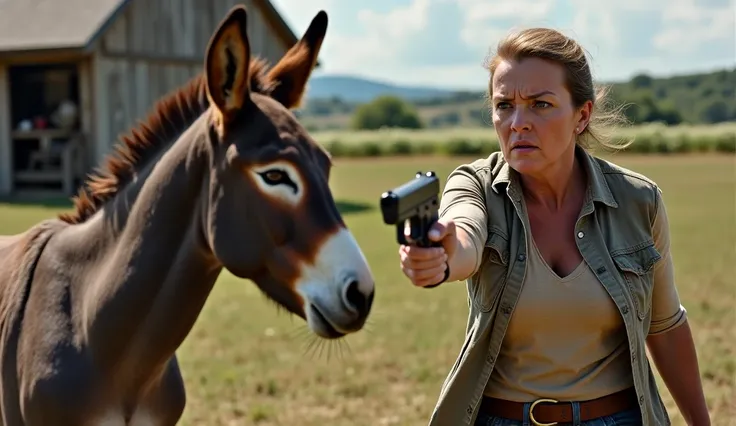 Angry woman pulls gun on donkey in farmer 