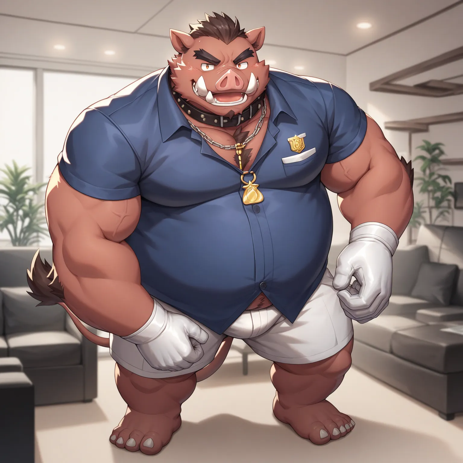 Scribble Boar face,Humanity(Boar),Chubby,(Black eyebrows:1.1),(Perfect eyes),Smooth Skin，（artist:Takemoto Arashi），Living Room background，（Collar:1.3），claw，（Polo Shirt:1.3）。Full body, Wearing a Leather collar around his neck. Wearing fancy white gloves on h...