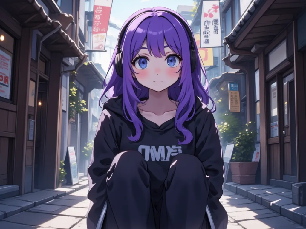 Animated girl with violet hair and blue eyes, sitting on the steps of a traditional Japanese street, wearing headphones and modern city attire. Soft lighting, detailed textures, 8K ultra-HD, cinematic style.