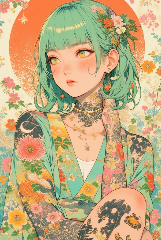 A surreal and mesmerizing illustration of a young Japanese woman. She has pastel green hair with straight fringes, yellow eyes, and wears a vibrant pastel-colored outfit adorned with intricate floral patterns. Freckles dot her smooth skin, warm skin, and b...