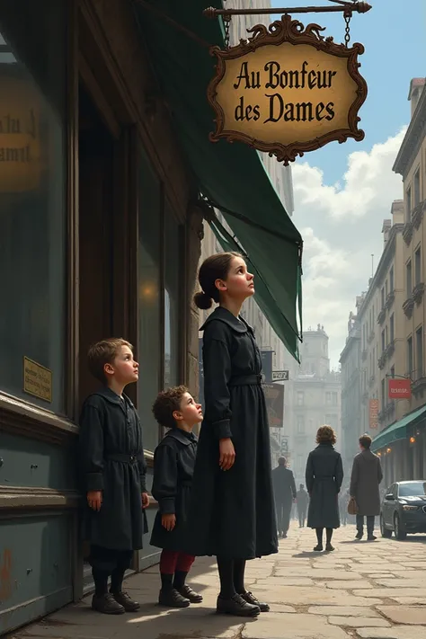 Like a girl and her little brothers in black who looks up and sees a store called Au Bonheur des Dames