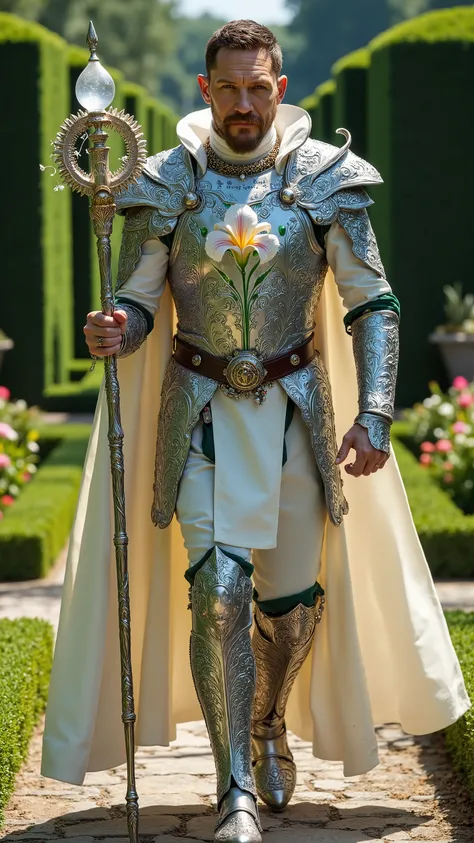 Tom Hardy reimagined as a majestic human-Virgo hybrid walking and holding a silver staff, dramatic atmosphere, 1 male、
short, neatly styled dark hair, piercing blue-green eyes, and sharp facial features. His skin has a soft, porcelain-like quality. His f...