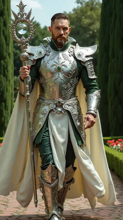 Tom Hardy reimagined as a majestic human-Virgo hybrid walking and holding a silver staff, dramatic atmosphere, 1 male、
short, neatly styled dark hair, piercing blue-green eyes, and sharp facial features. His skin has a soft, porcelain-like quality. His f...