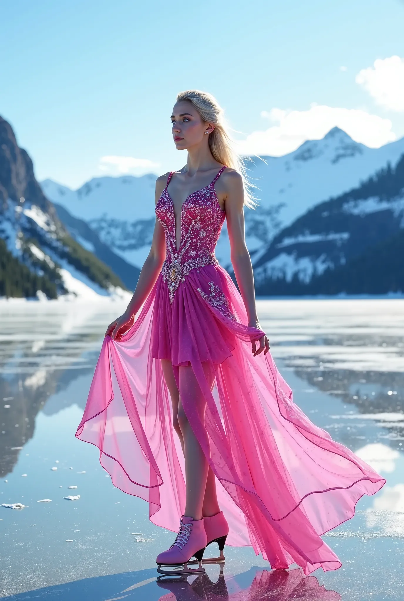 Ultra-realistic, photo-realistic, a Swedish ice queen, fuchsia figure skater dress, suntan pantyhose, fuchsia high heel ice skates, standing on a frozen lake 