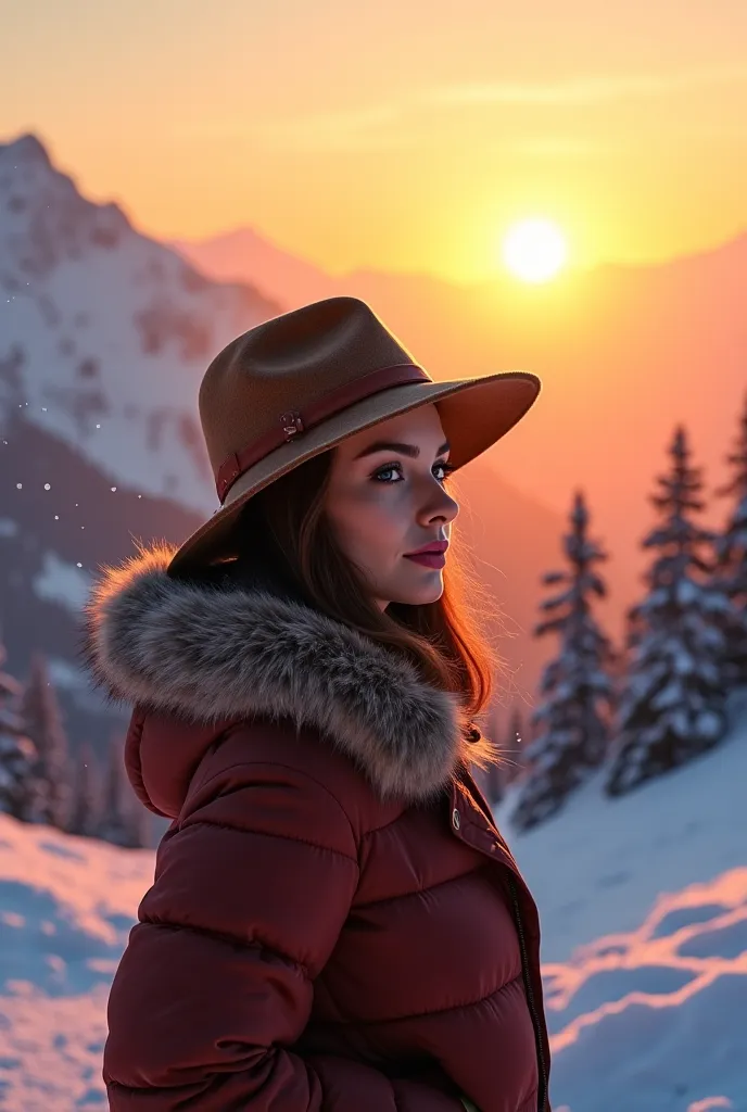 Sunset in the snow with Costa's woman wearing a hat 