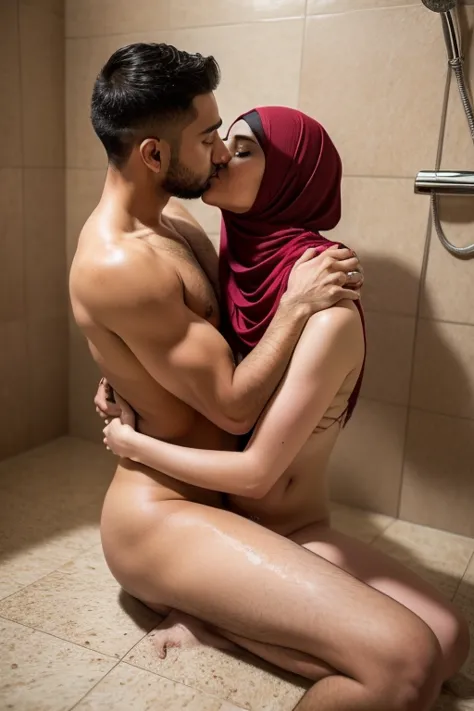 Two Muslim women, time, beautiful, they both wore hijab,  naked body , he climbs on his thigh and sits on his friend's thigh, and mreka kissing each other hot, under the jet of shower from above, there is a big Quran on the floor