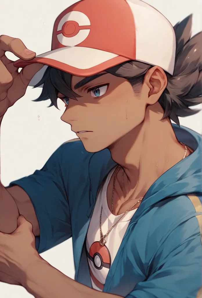 (Pokemon art style) boy, 18 years old, red and blue clothes, tan skin, dark hair, red and white hat, thin, pokemon art style