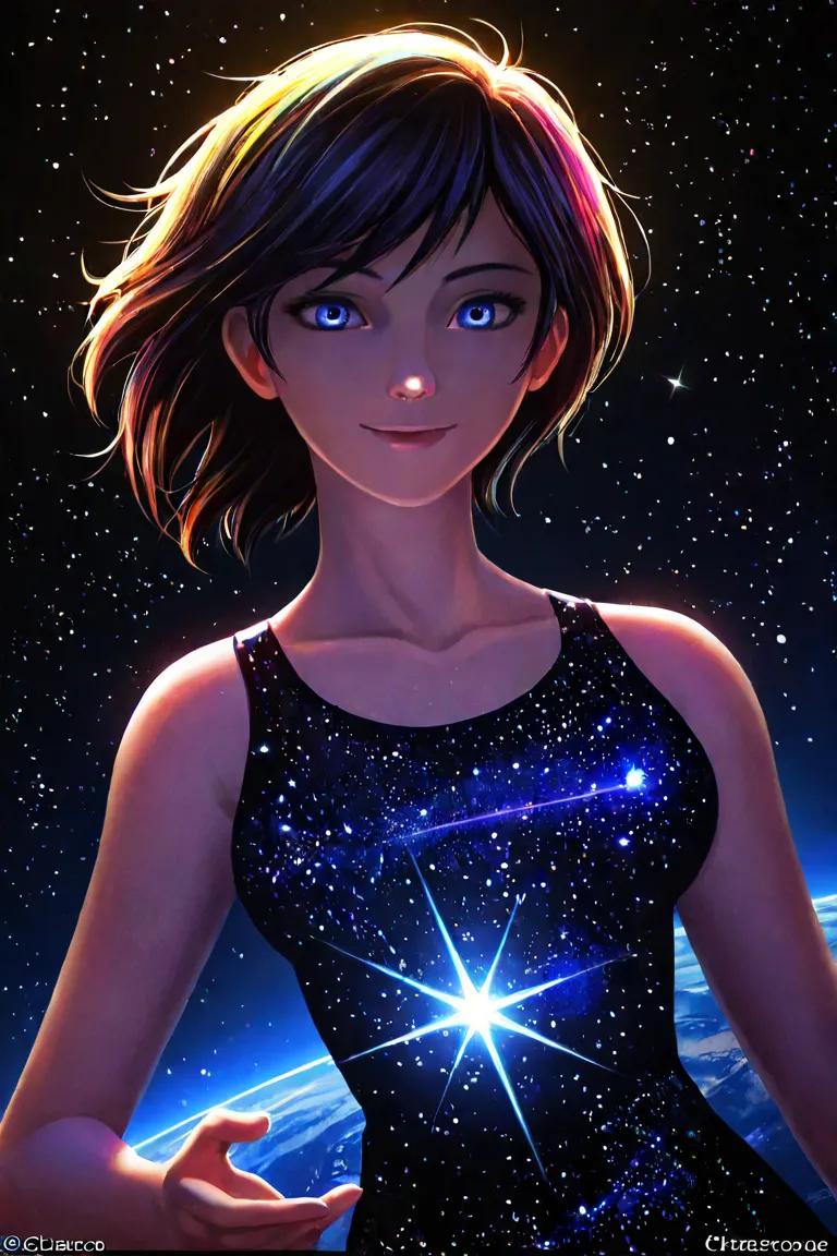  1girl , smile, Iridescence,  dramatic angle, universe, (colorful floating sparkles:1.3), Dramatic Lighting,  chiaroscuro, Evocative Depth