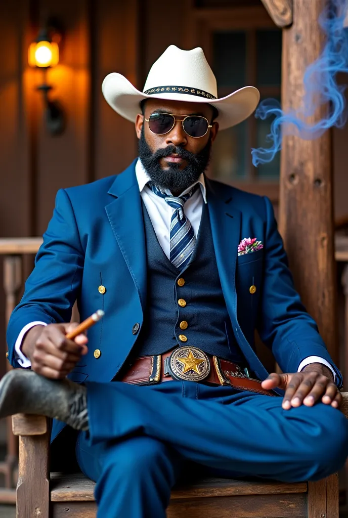 A dark-skinned charismatic cowboy with a well-groomed dark beard and slightly grim, but stylish expression. He is wearing round, reflective lenses, that gives him a mysterious look.

Clothing:
He is wearing an elegant, three-piece, royal blue suit with gol...