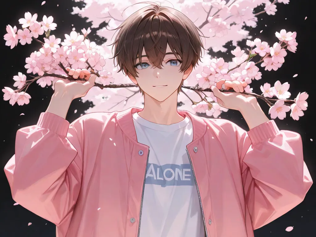 Dark Brown hair, blue eyes, Pink jacket, white t-shirt, Holding a bouqette of cherry blossoms, fullbody, pinkish Black background, A BOY, ALONE