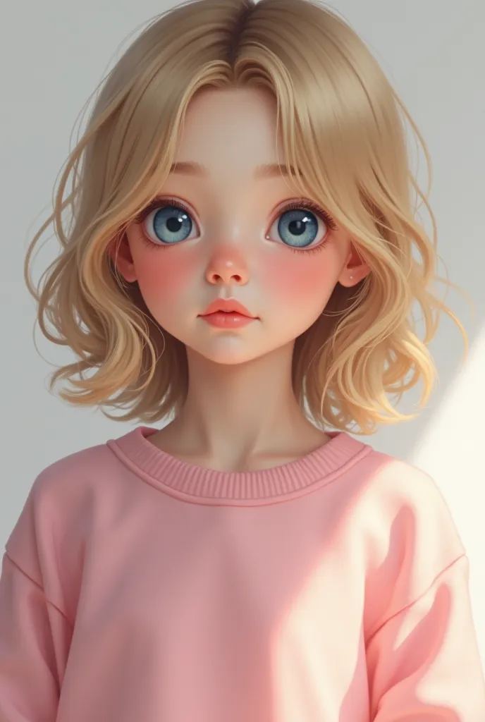 semi realistic drawing of blonde blue eyed girl wearing a pink sweatshirt