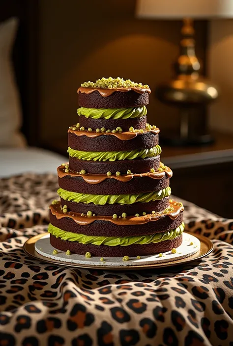 On the nightstand next to the bed is a beautiful chocolate and pistachio five-tiered large cake decorated with chocolate crème brûlée, leopard print linens. 